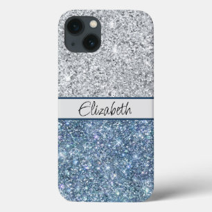 Funda Para iPhone 13 Monograma Plata Brillante Azul Chic Moderno Elegan