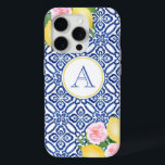 Funda Para iPhone 15 Pro Monograma Positano Lemones Azules Azules Blancos I<br><div class="desc">Los limones pintados a mano acentuados con flores color agua rosada contra un fondo vintage de azulejos azules y blancos.</div>