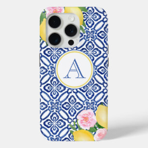 Funda Para iPhone 15 Pro Monograma Positano Lemones Azules Azules Blancos I