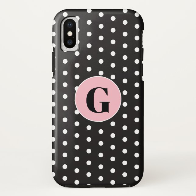 Funda De Case-Mate Para iPhone Monograma puntos de polka negra (Reverso)