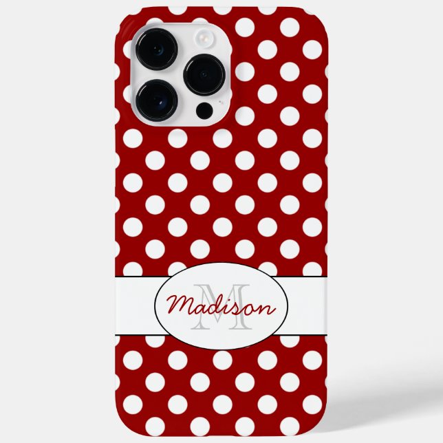 Funda De Case-Mate Para iPhone Monograma: puntos de polka rojo blanco de moda (Reverso)