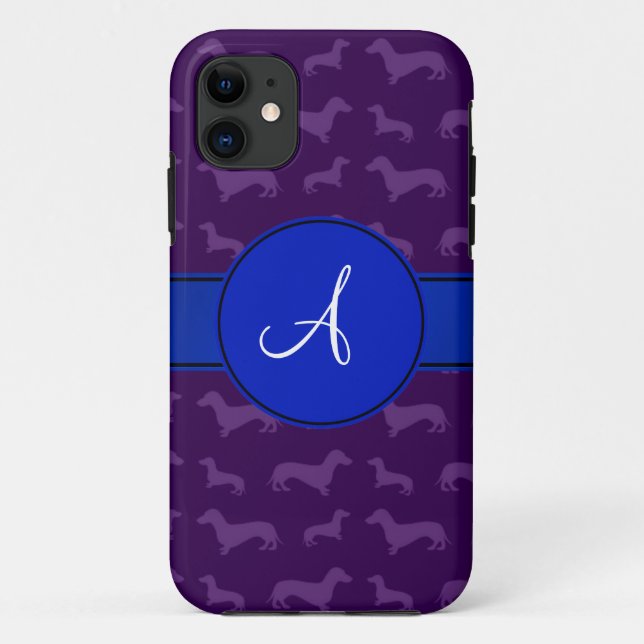 Funda De Case-Mate Para iPhone Monograma púrpura dachshund círculo azul (Reverso)