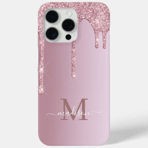 Funda Para iPhone 15 Pro Max Monograma Purpurina de goteo rosado de oro Rosa de
