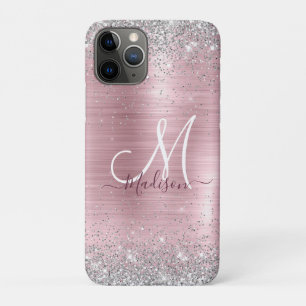 Funda Para iPhone 11 Pro Monograma purpurina de imitación plateado con rosa