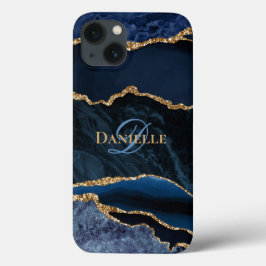 Funda Para iPhone 13 Monograma Purpurina de oro de la Marina Azul de mo