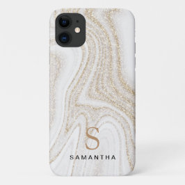 Funda Para iPhone 11 Monograma purpurina de oro de mármol blanco de mod