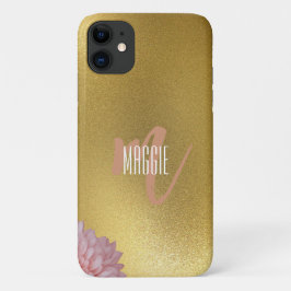 Funda Para iPhone 11 Monograma purpurina dorado con floral