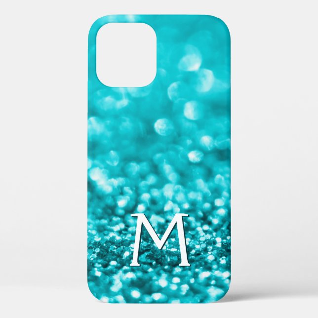 Funda De Case-Mate Para iPhone Monograma Purpurina Girly Turquoise (Reverso )