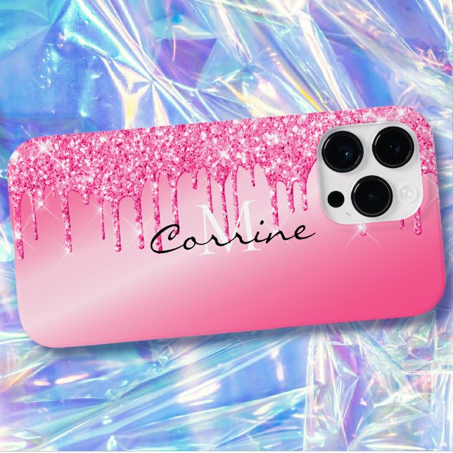 Funda De Case-Mate Para iPhone Monograma Purpurina Metálico Caliente Rosado Perfo (Subido por el creador)