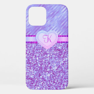 Funda Para iPhone 12 Monograma Purpurina púrpura corazón 2 tono