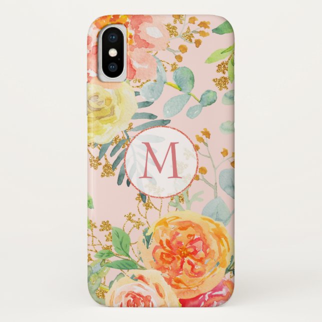 Funda De Case-Mate Para iPhone Monograma Purpurina Rubor Floral Rosa Eucalyptus (Reverso)