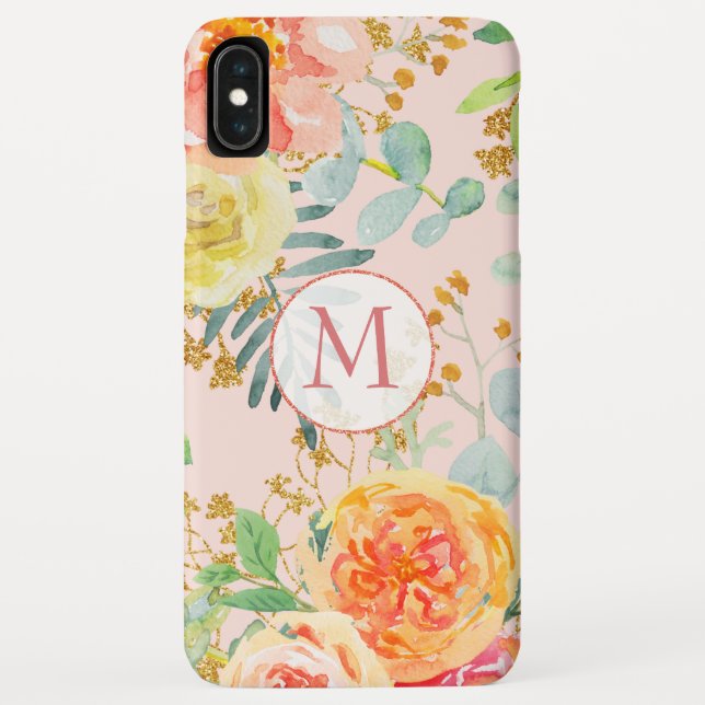 Funda De Case-Mate Para iPhone Monograma Purpurina Rubor Floral Rosa Eucalyptus (Reverso)