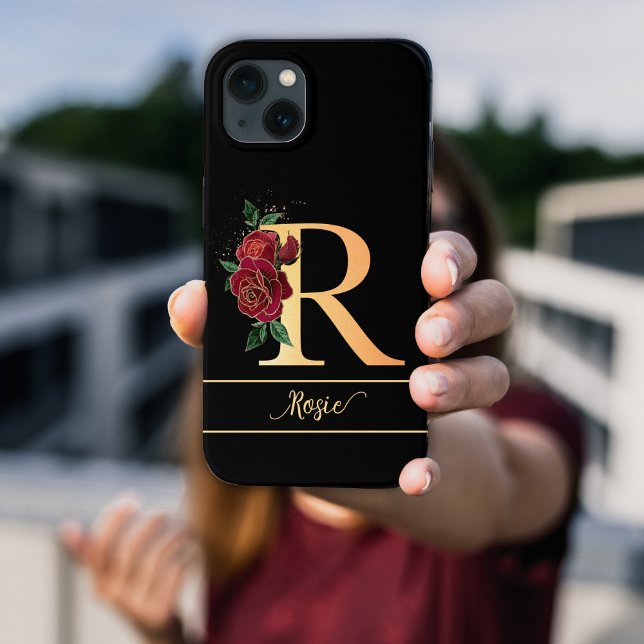 Funda De Case-Mate Para iPhone Monograma R nombre personalizado dorado rosas roja (Subido por el creador)