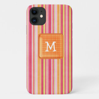 Funda Para iPhone 11 Monograma rayado rosado y naranja