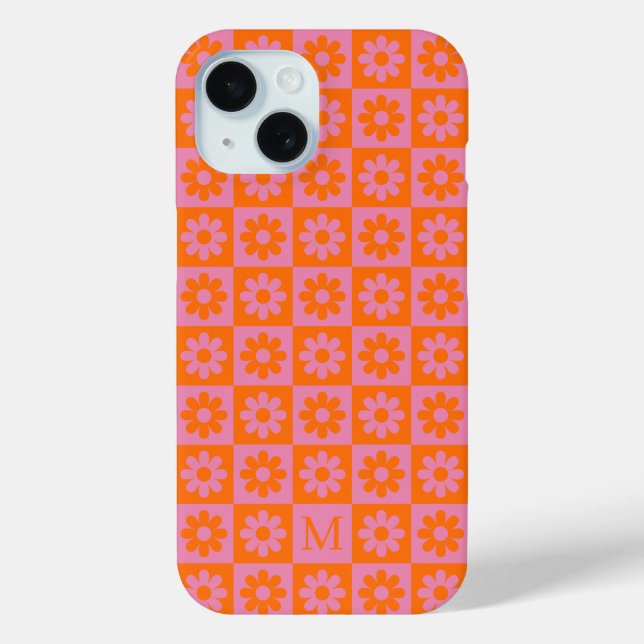 Funda De Case-Mate Para iPhone Monograma Retro Daisy Flor Naranja rosa controlado (Reverso )