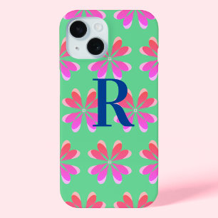 Funda Para iPhone 15 Monograma retro rosa verde floral