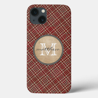 Funda Para iPhone 13 Monograma rojo del fondo de la tela escocesa