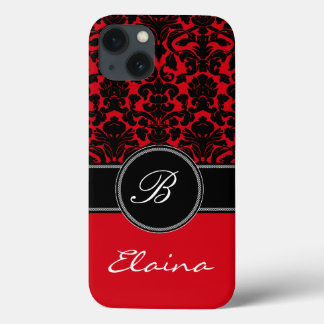 Funda Para iPhone 13 Monograma Rojo, Negro, Blanco Damask iPad Estuche 