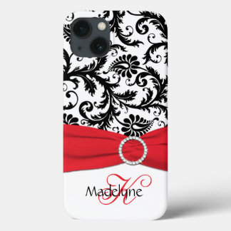 Funda Para iPhone 13 Monograma Rojo, Negro, Blanco Damask iPad Estuche 