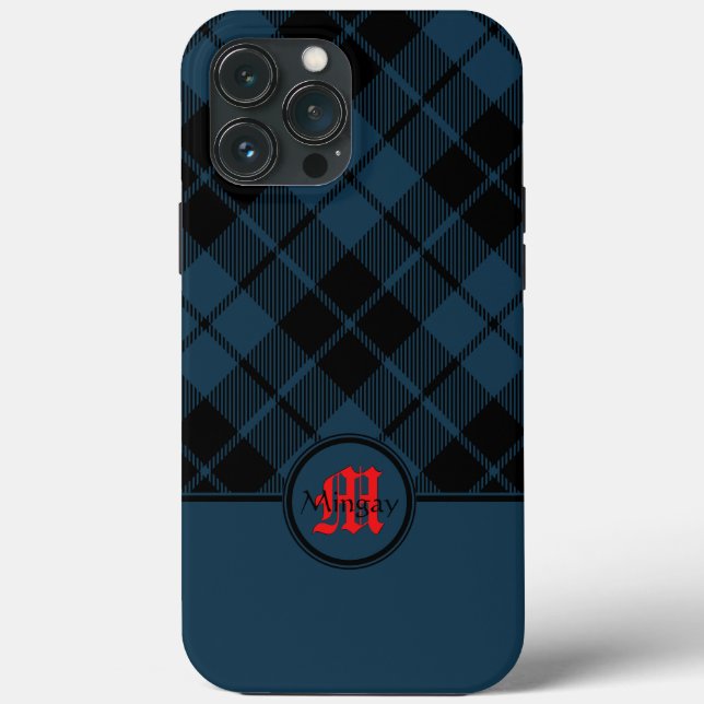 Funda De Case-Mate Para iPhone Monograma rojo plateado escocés azul (Reverso )