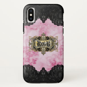 Funda Para iPhone XS Monograma romántico elegante de mármol rosa
