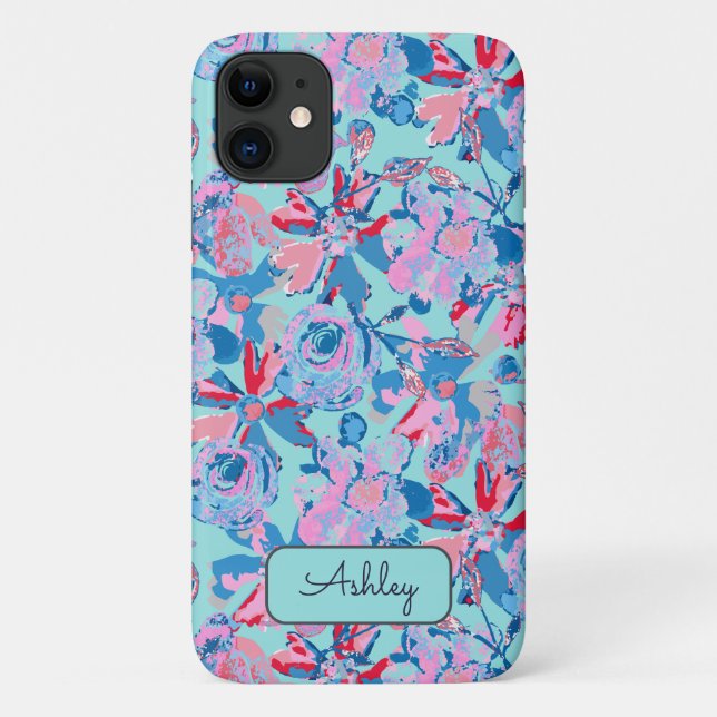 Funda De Case-Mate Para iPhone Monograma rosa azul rojo floral de mano negrita (Reverso)