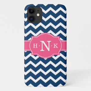 Funda Para iPhone 11 Monograma rosa de Chevron azul giratorio