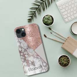 Funda Para iPhone 13 Monograma Rosa de oro Mármol blanco gris geométric