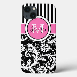 Funda Para iPhone 13 Monograma rosa, negro, blanco rayado Damask iPad