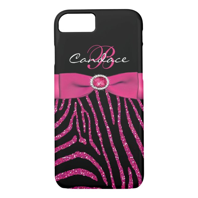 Funda De Case-Mate Para iPhone Monograma rosa, negro Purpurina Zebra iPhone 7 Fun (Reverso)