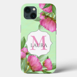 Funda Para iPhone 13 Monograma rosa Personalizado Peonias Botánicas Flo