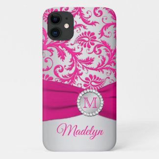 Funda Para iPhone 11 Monograma rosa, plata Damask iPhone 11 funda
