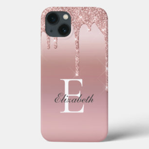 Funda Para iPhone 13 Monograma Rosa Purpurina de goteo dorado Rubor Ros