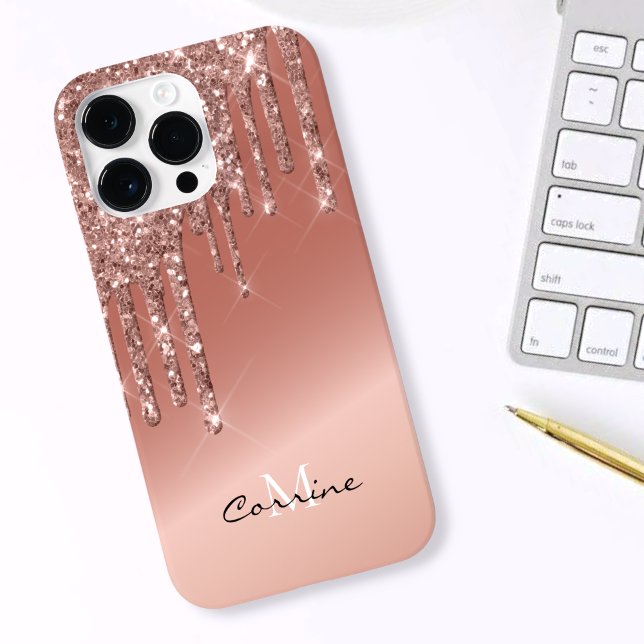 Funda De Case-Mate Para iPhone Monograma Rosa Purpurina de goteo lateral dorado A (Subido por el creador)