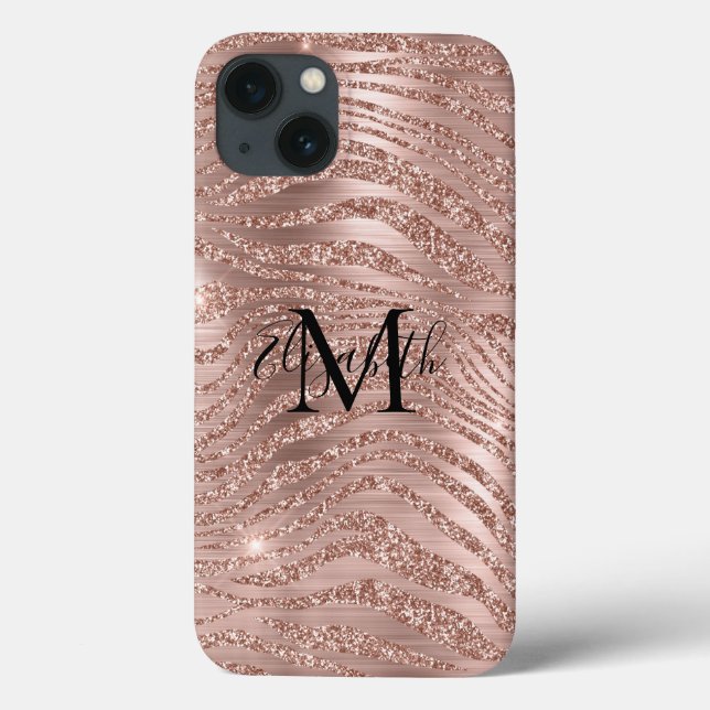 Funda De Case-Mate Para iPhone Monograma Rosa Purpurina de oro Impresión animal (Reverso)