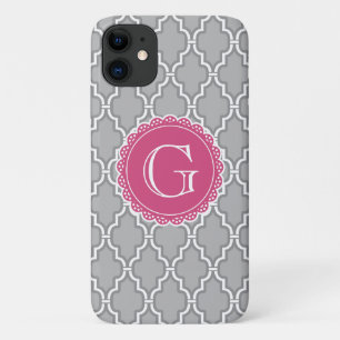 Funda Para iPhone 11 Monograma rosa rosa floral de ligamento gris