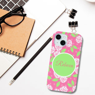 Funda Para iPhone 15 Monograma Rosa Verde Floral Chic Moderno