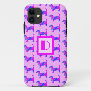Funda Para iPhone 11 Monograma rosa y azul dachshund / daxie Perro