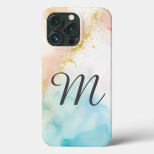 Funda Para iPhone 13 Pro Monograma Rosa y Azul Marcado con falso Purpurina