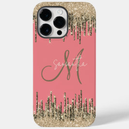 Funda Para iPhone 14 Pro Max De Case-Mate Monograma rosa y dorado de Girly Glam Purpurinoso