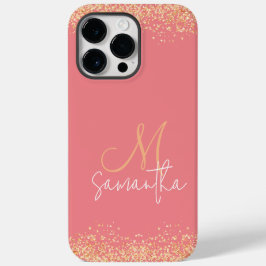 Funda Para iPhone 14 Pro Max De Case-Mate Monograma rosa y oro de Girly Glam Purpurinoso