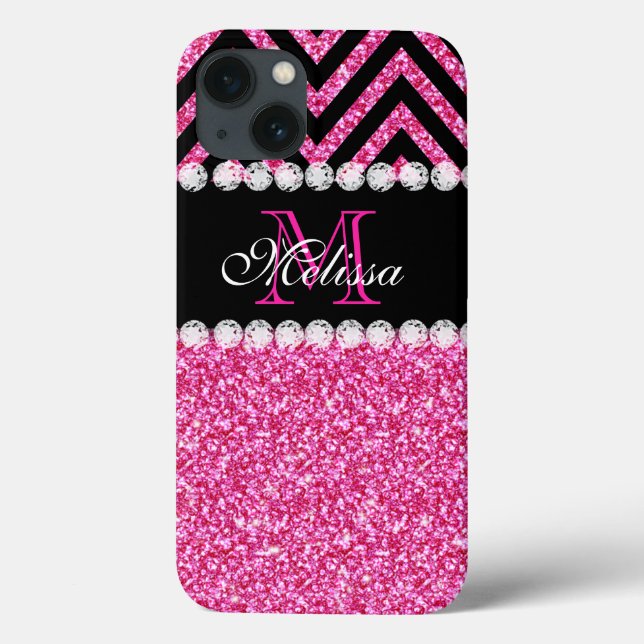 Funda De Case-Mate Para iPhone Monograma rosado de Chevron del negro del (Reverso)
