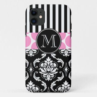 FUNDA PARA iPhone 11 MONOGRAMA ROSADO FEMENINO DEL DAMASCO DE LAS RAYAS