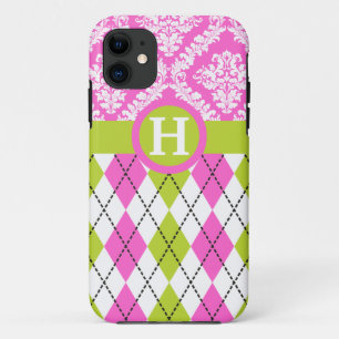 Funda Para iPhone 11 Monograma rosado verde de patrón de arglos y damas