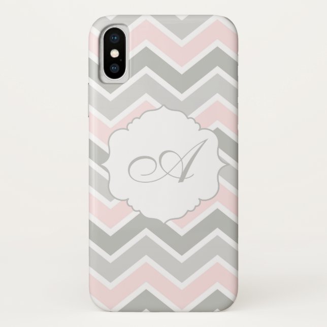 Funda De Case-Mate Para iPhone Monograma rosado y gris de Chevron del zigzag (Reverso)