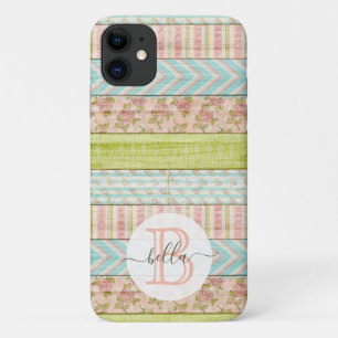Funda Para iPhone 11 Monograma Rosas de Shabby en cabaña de madera rúst