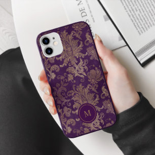 Funda Para iPhone 11 Monograma Royal Purple Gold Damask