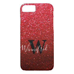 Funda Para iPhone 8/7 Monograma Ruby Red Ombre Purpurina Sparkles