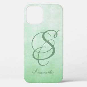 Funda Para iPhone 12 Monograma rústico elegante de Pistachio Gris