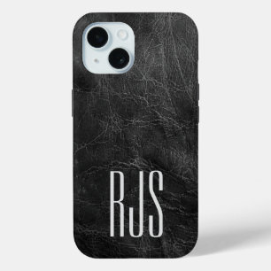 Funda Para iPhone 15 Monograma Sobre Cuero Negro